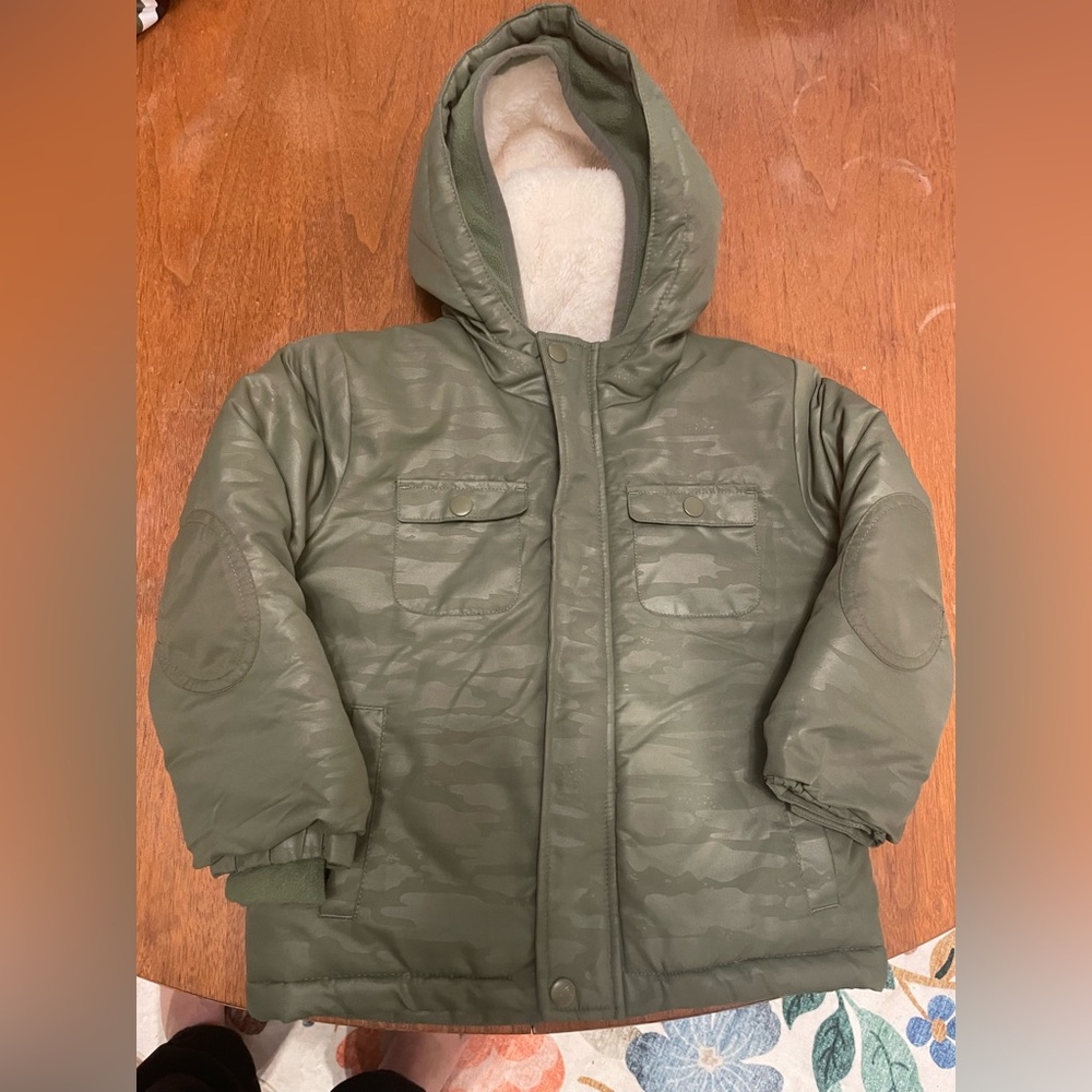 Cat And Jack Boys 4T Sherpa Lined Winter Coat Green Subtle Camo Print